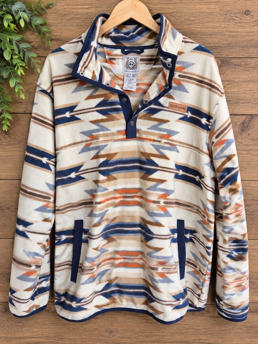 Aztec Print Fleece Pullover - Cream/Blue